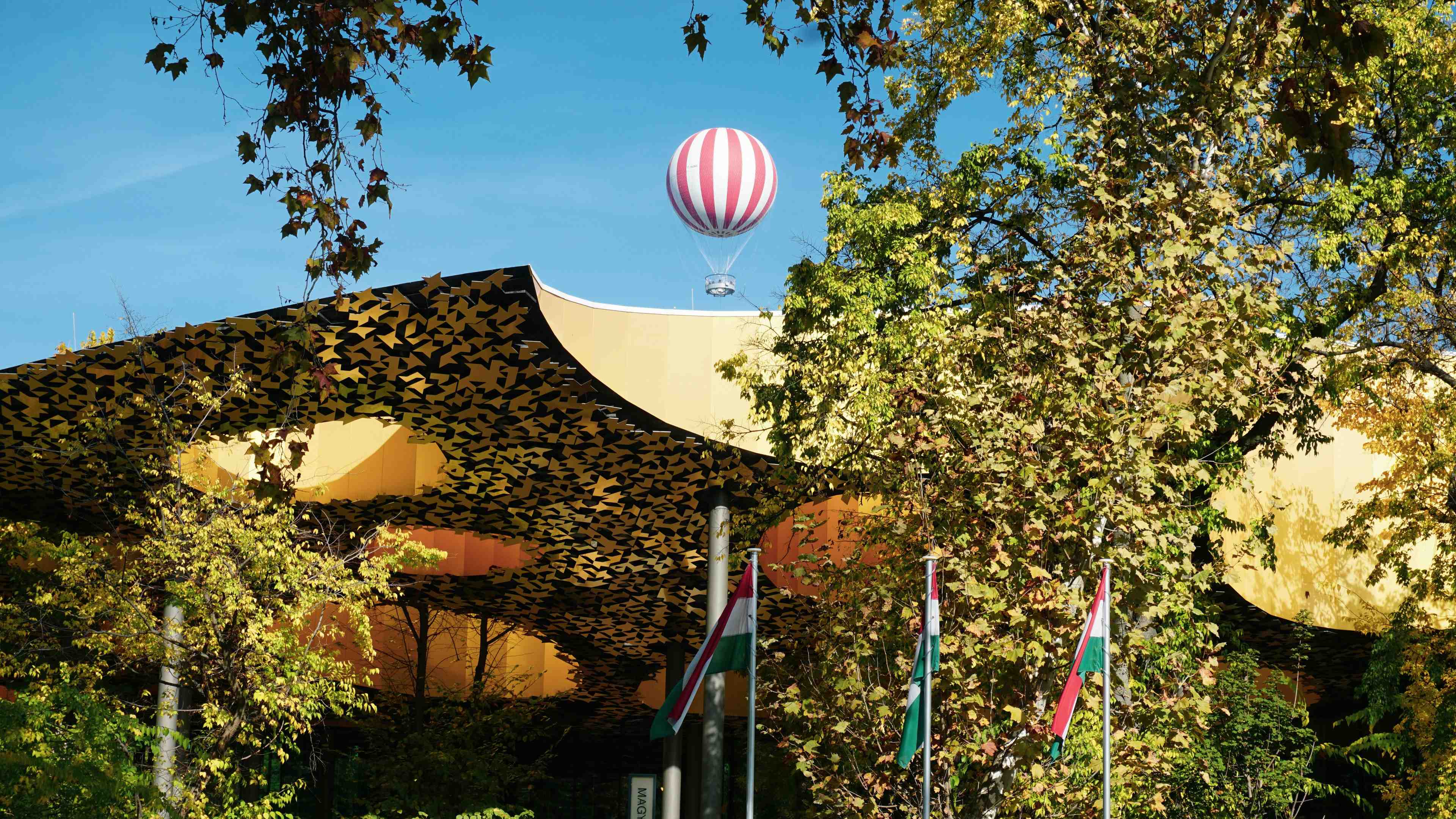 Budapest City Park with detail of the House of Music Hungary building, with City Park Air Balloon in the background